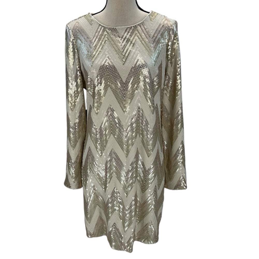 Vince Camuto Long Sleeve Chevron Pattern Sequin Mini Dress - Cream Ivory -  14